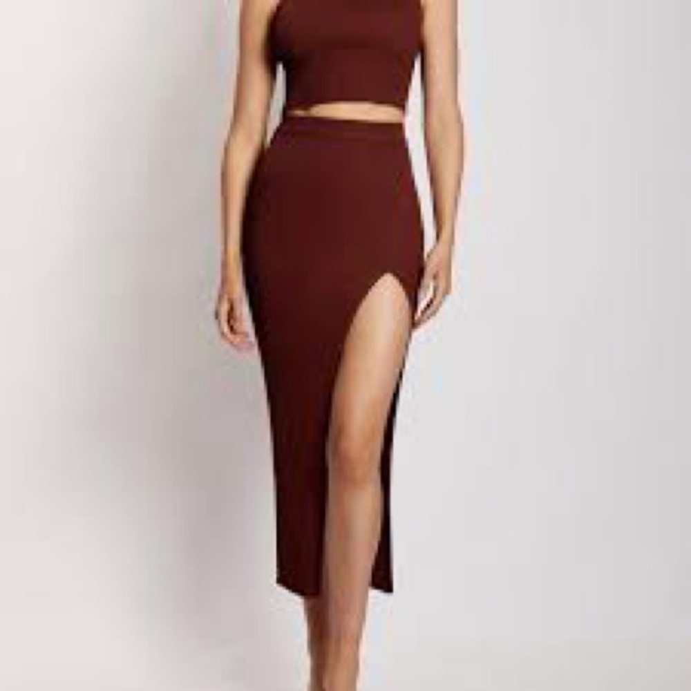 Meshki women’s Arla High Waist Thigh Split Maxi Skirt brown size medium ribbed